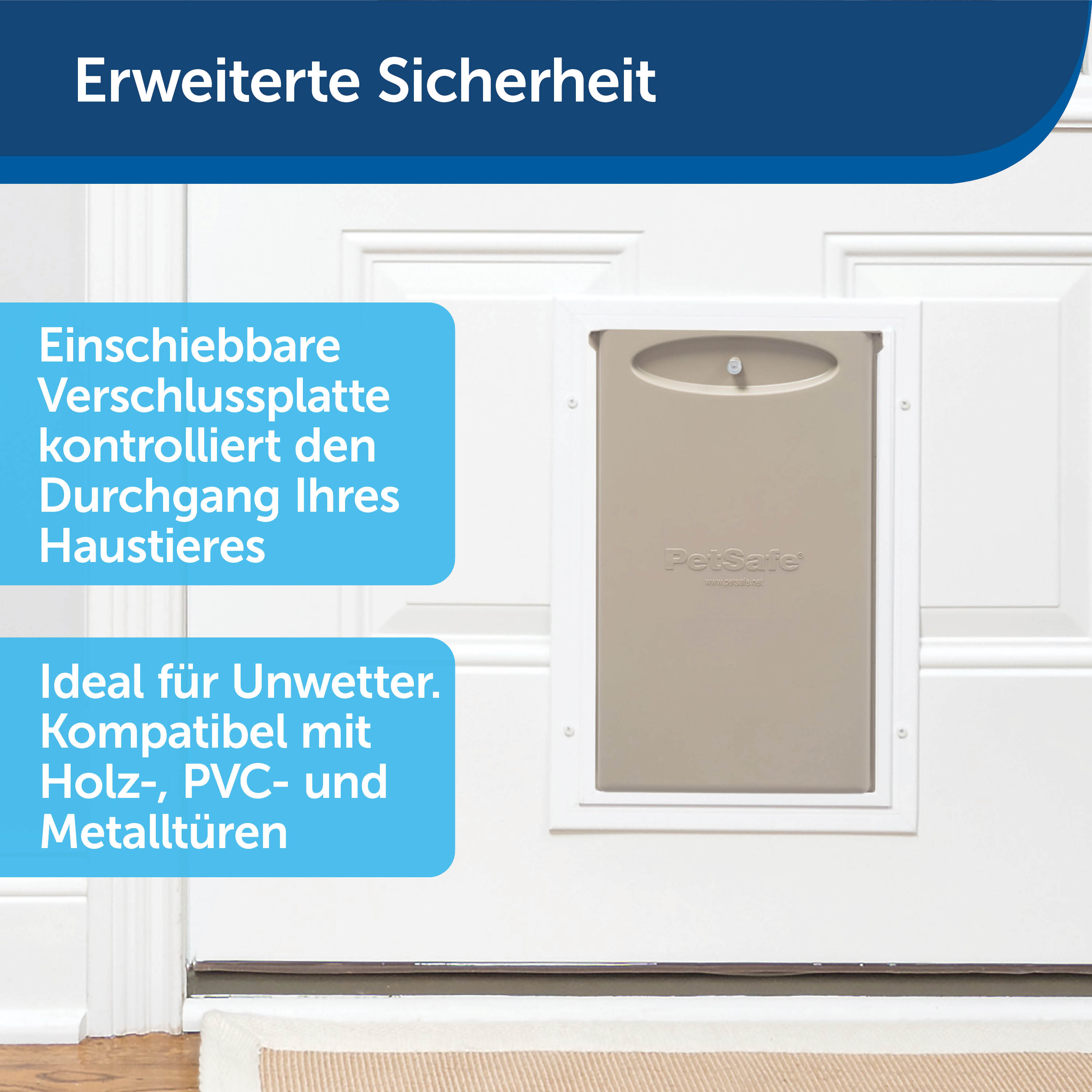 Eine weiße Haustiertür in einer weißen Tür. Text beschreibt die Merkmale der Tür.