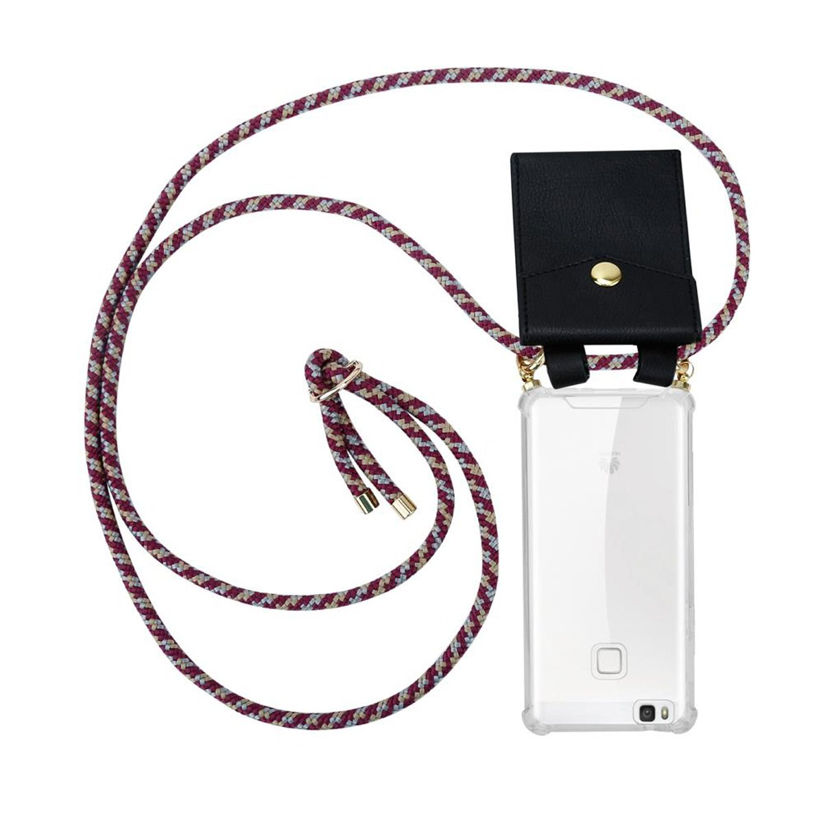 Telefon mit weinrot-weiß-lila Kabel, schwarzer Ledertasche und klarer Hülle auf weißem Hintergrund.