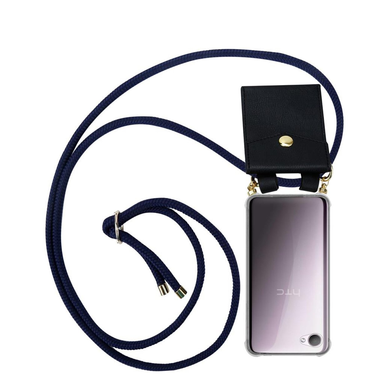Telefon mit Hülle, schwarzem Etui und dunkelblauem Seil. HTC-Telefon mit lila Farbverlauf sichtbar.