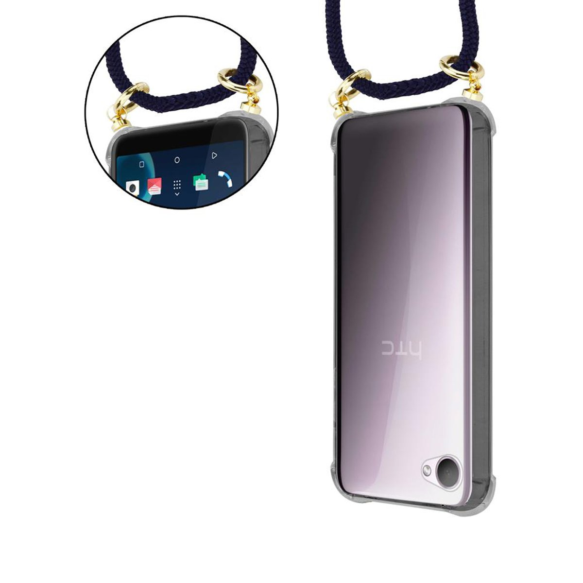 Handyhülle mit Lanyard. Telefon innen. Goldene Hardware. Dunkelblaues Kabel.