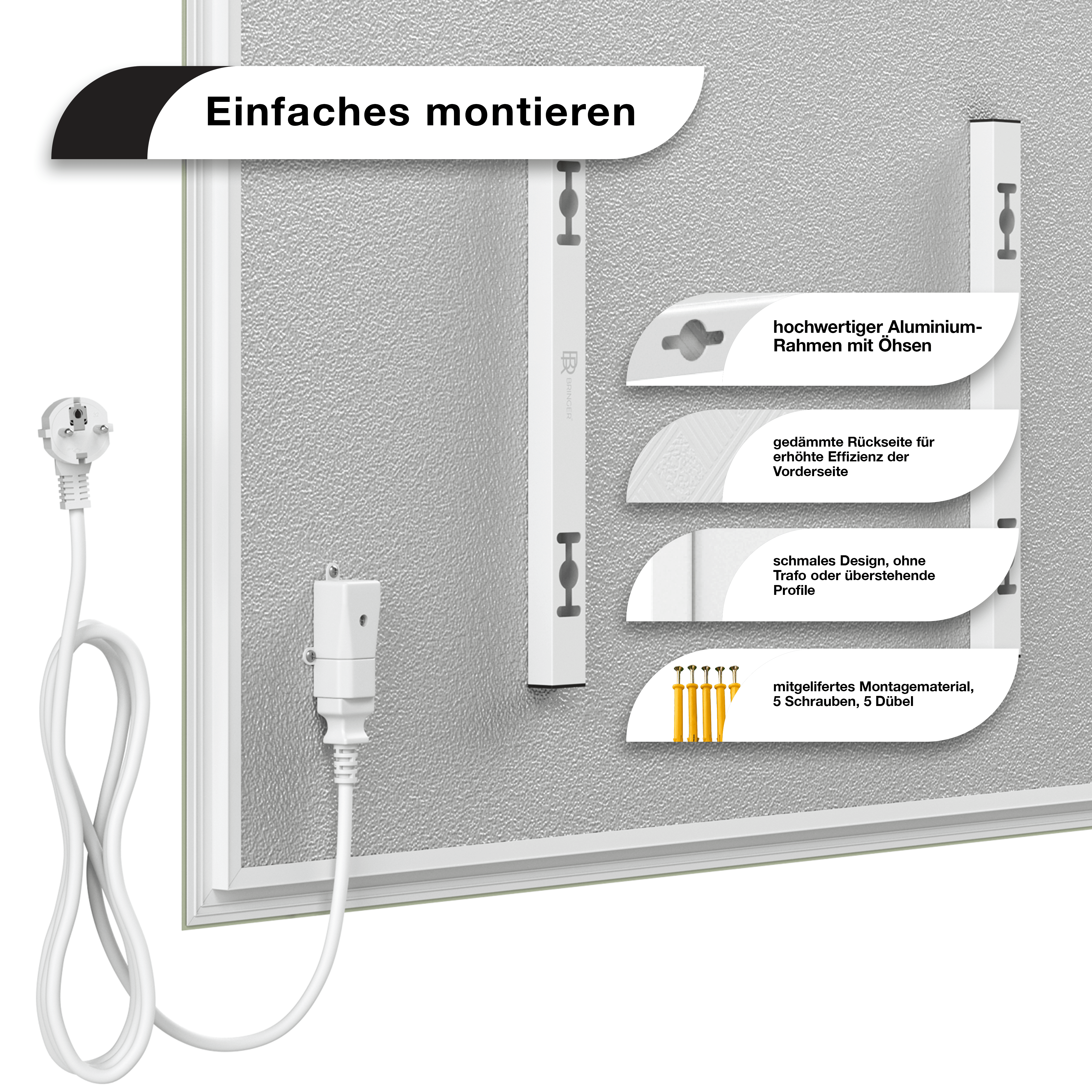 Diagramm der Montagehardware für eine Platte. Enthält Schrauben, Halterungen und ein Netzkabel. Weißer Hintergrund.