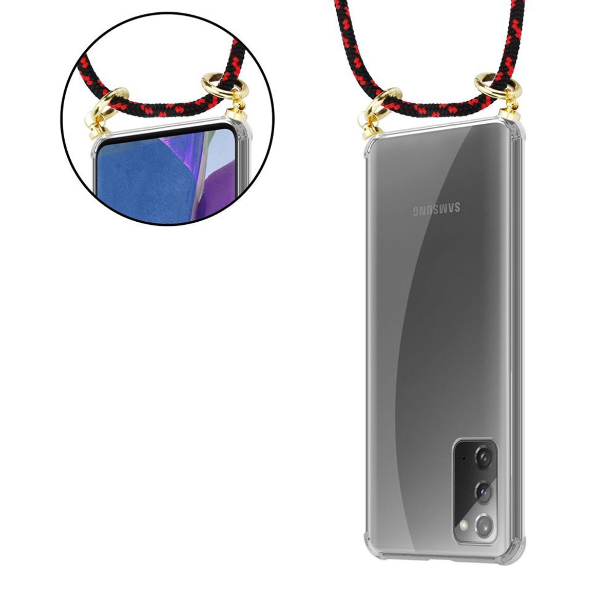 Due viste di un telefono in una custodia trasparente con cordino. Il telefono è nero con fotocamera multi-obiettivo.