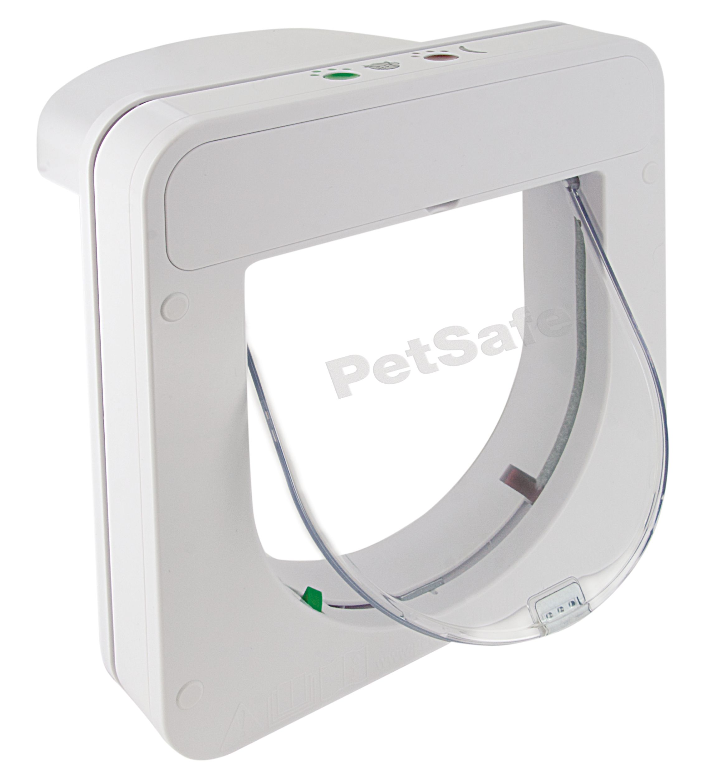 Weiße Haustiertür mit transparenter Klappe und weißem Rahmen, PetSafe-Logo.