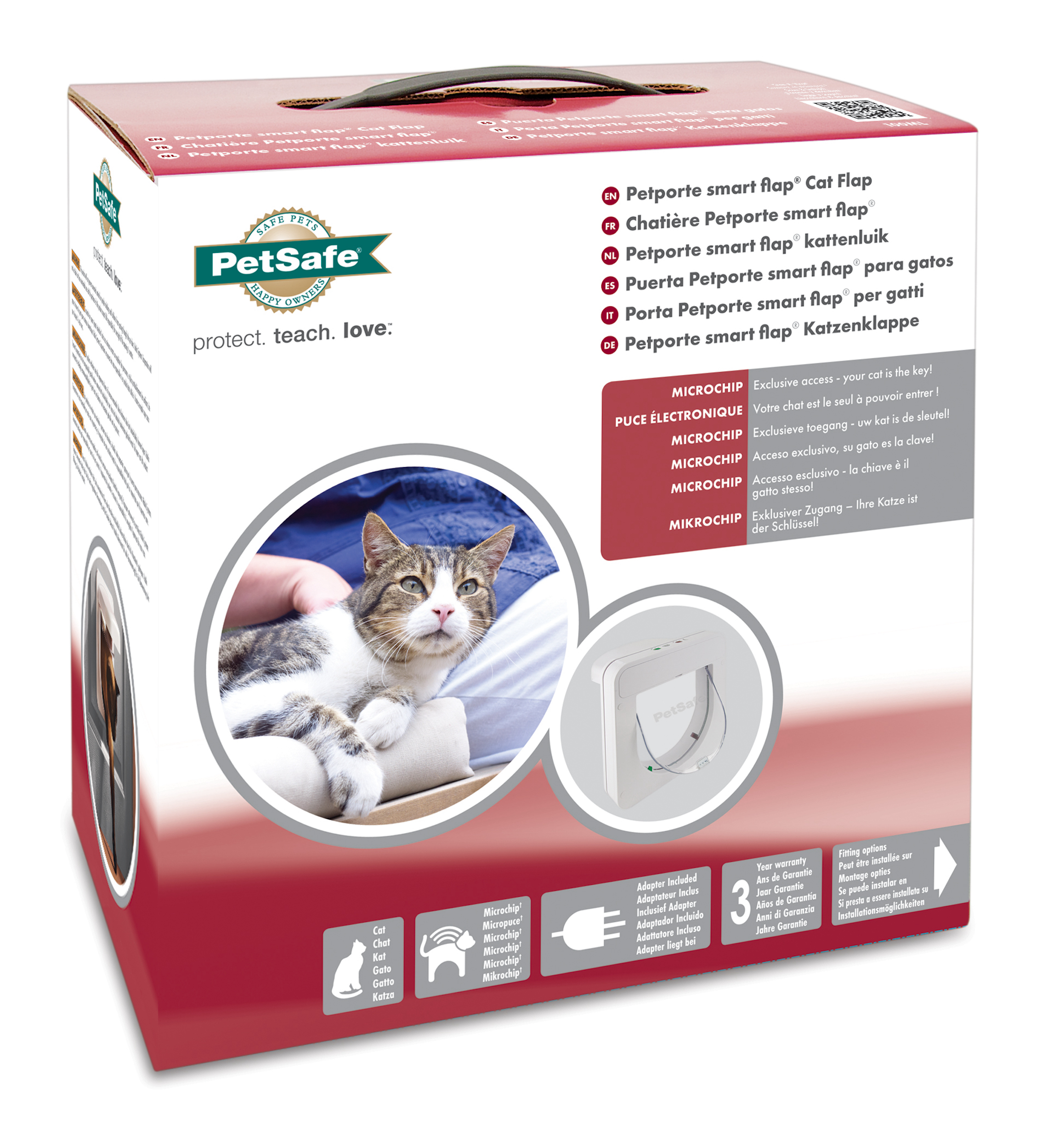 Eine Box mit einer Katze darauf. Die Box hat Text in mehreren Sprachen. Eine Katze sitzt auf dem Schoß einer Person.