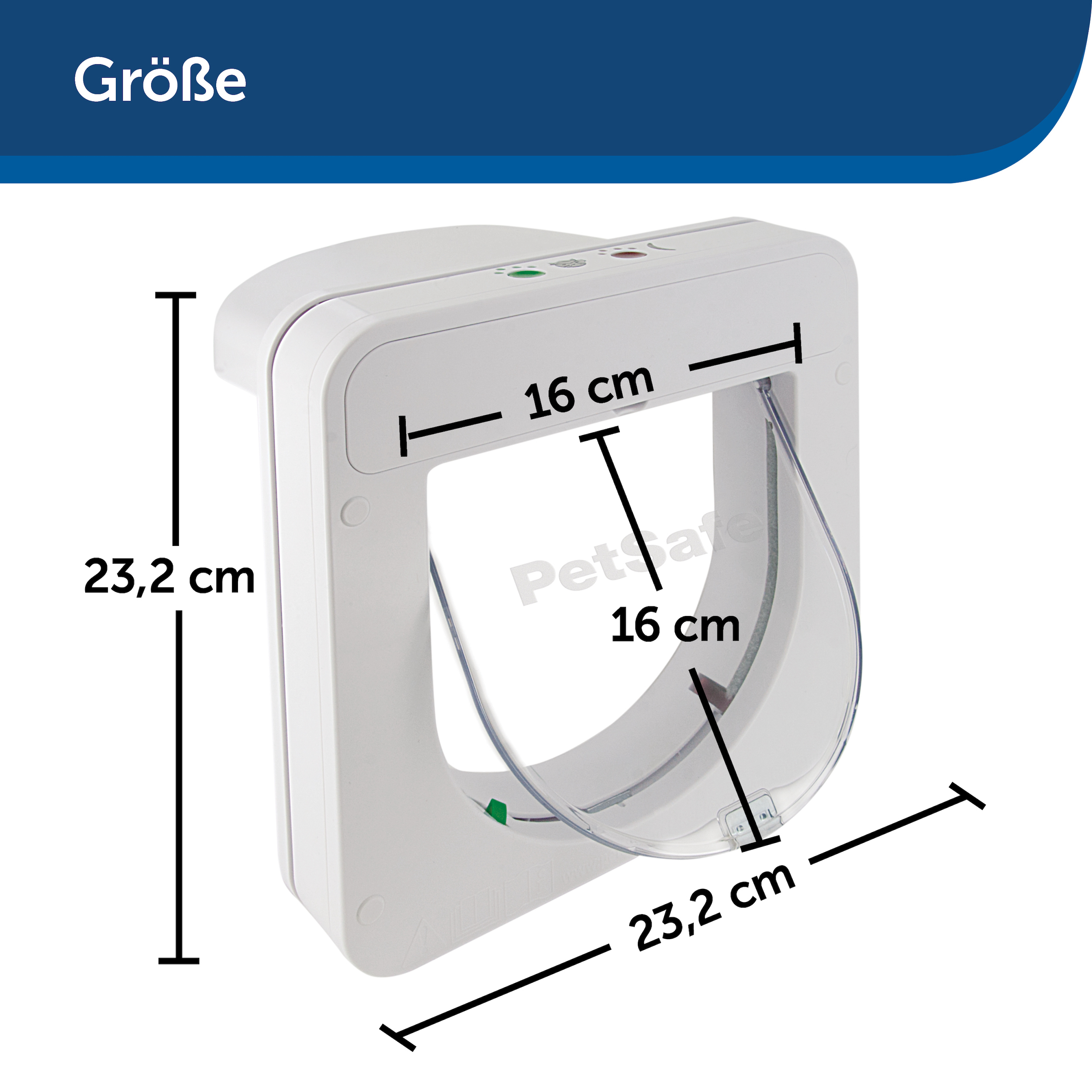 Weiße Haustiertür mit Maßangaben: 23,2 cm Höhe, 16 cm Breite und 16 cm Öffnung.