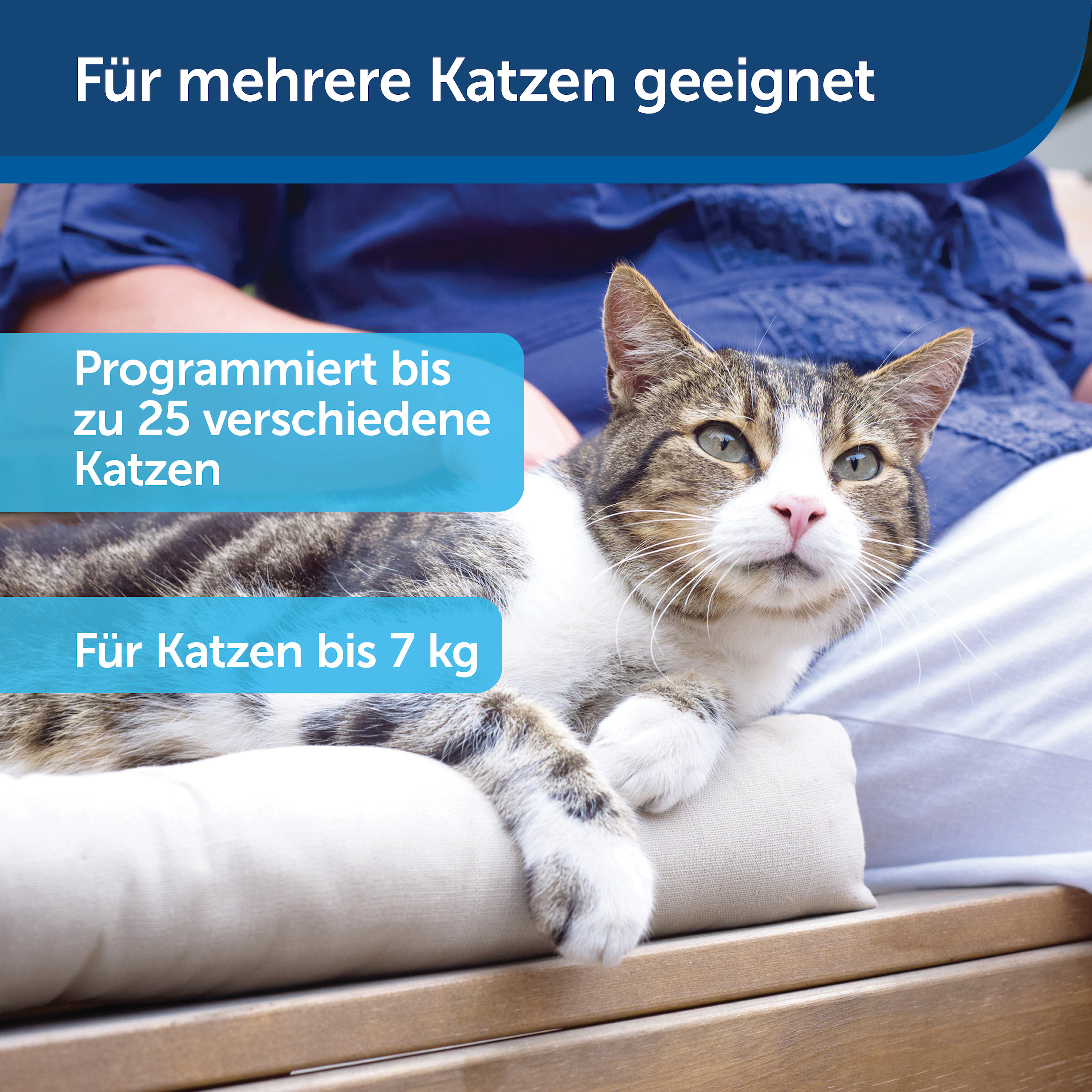 Eine Katze liegt auf einem Kissen. Text: Für mehrere Katzen geeignet, programmierbar für bis zu 25, bis zu 7 kg.