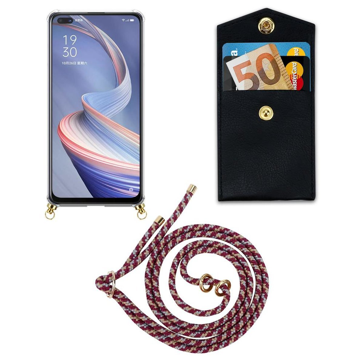 CADORABO Handy Oppo, Ringen, Gold GELB WEIß ROT abnehmbarer Band mit und Hülle, Kordel A92s, Kette Backcover