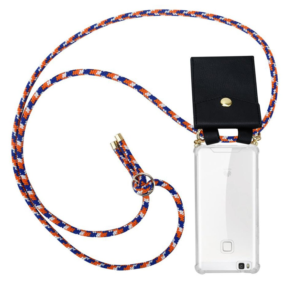 Handyhülle mit Lanyard. Schwarze Ledertasche und ein Telefon mit blauem und orangefarbenem Seil.