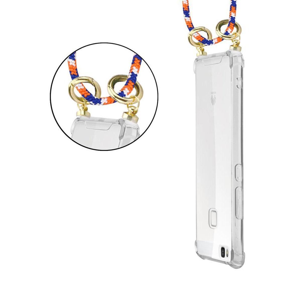 Telefon in durchsichtiger Hülle mit blau-orangem Lanyard. Rückseite hat Huawei Logo.