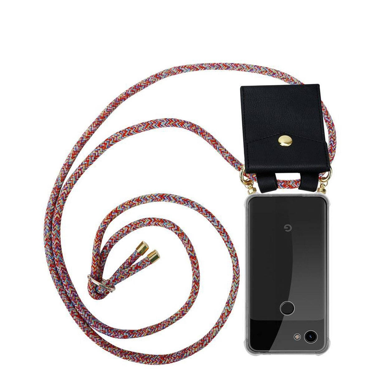 Handyhülle mit Lanyard. Telefon ist schwarz mit transparenter Hülle. Lanyard ist mehrfarbig.