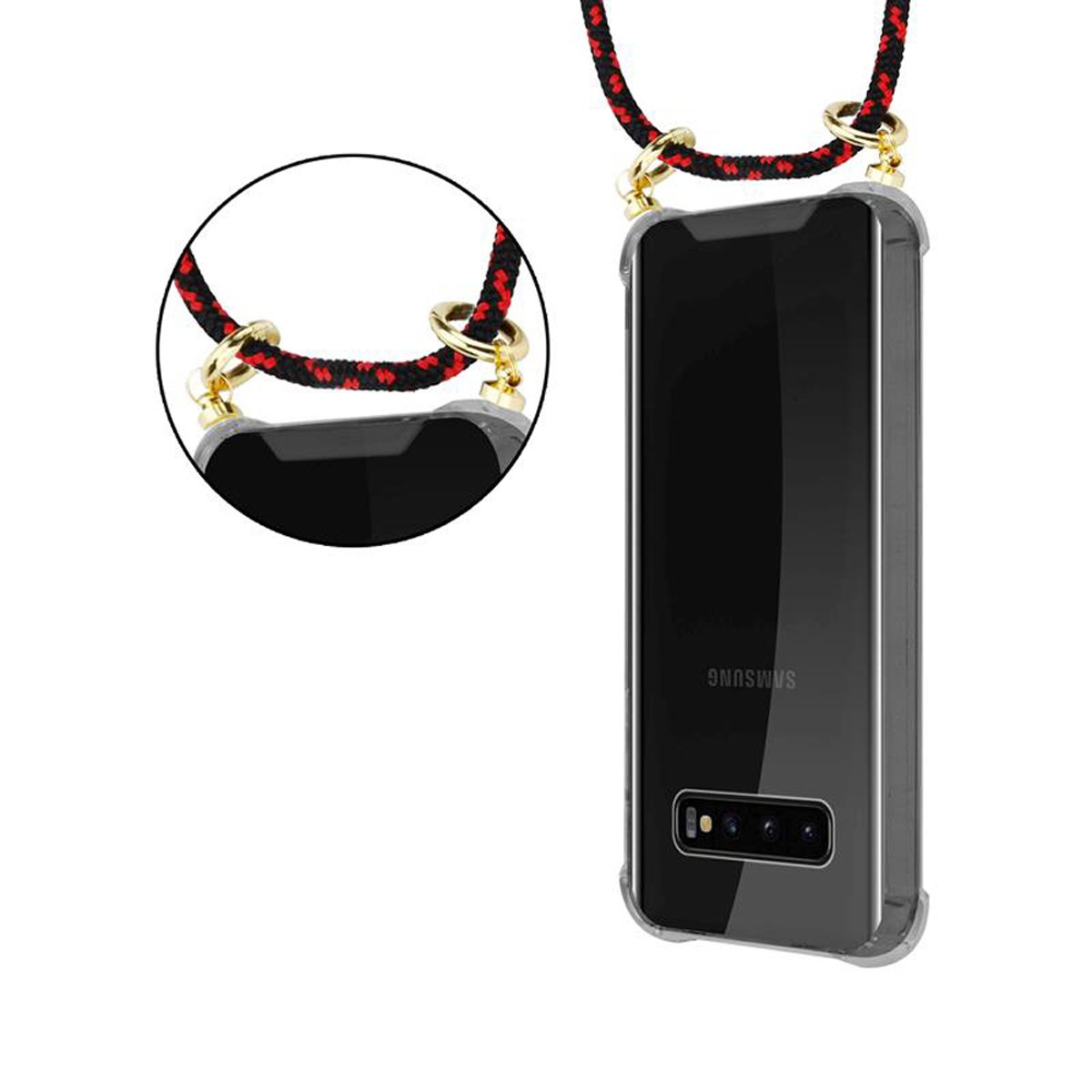 Un telefono in una custodia trasparente con un cordino. Il telefono è nero con marchio Samsung. Ha una fotocamera e un flash.