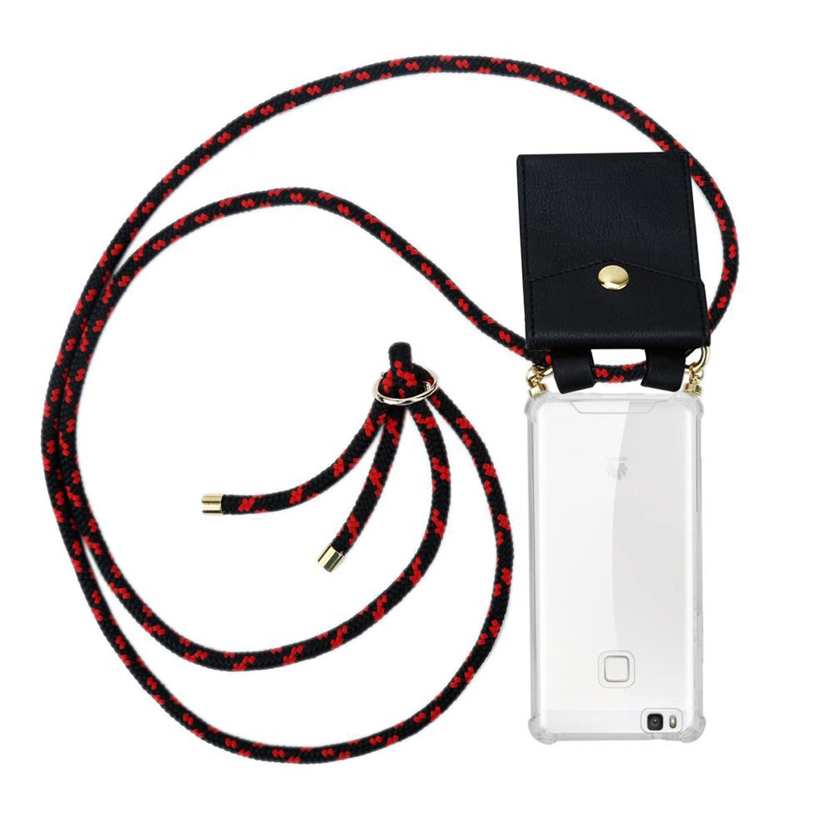 Coque de téléphone avec cordon. Étui noir et cordon rouge. Le téléphone est visible.