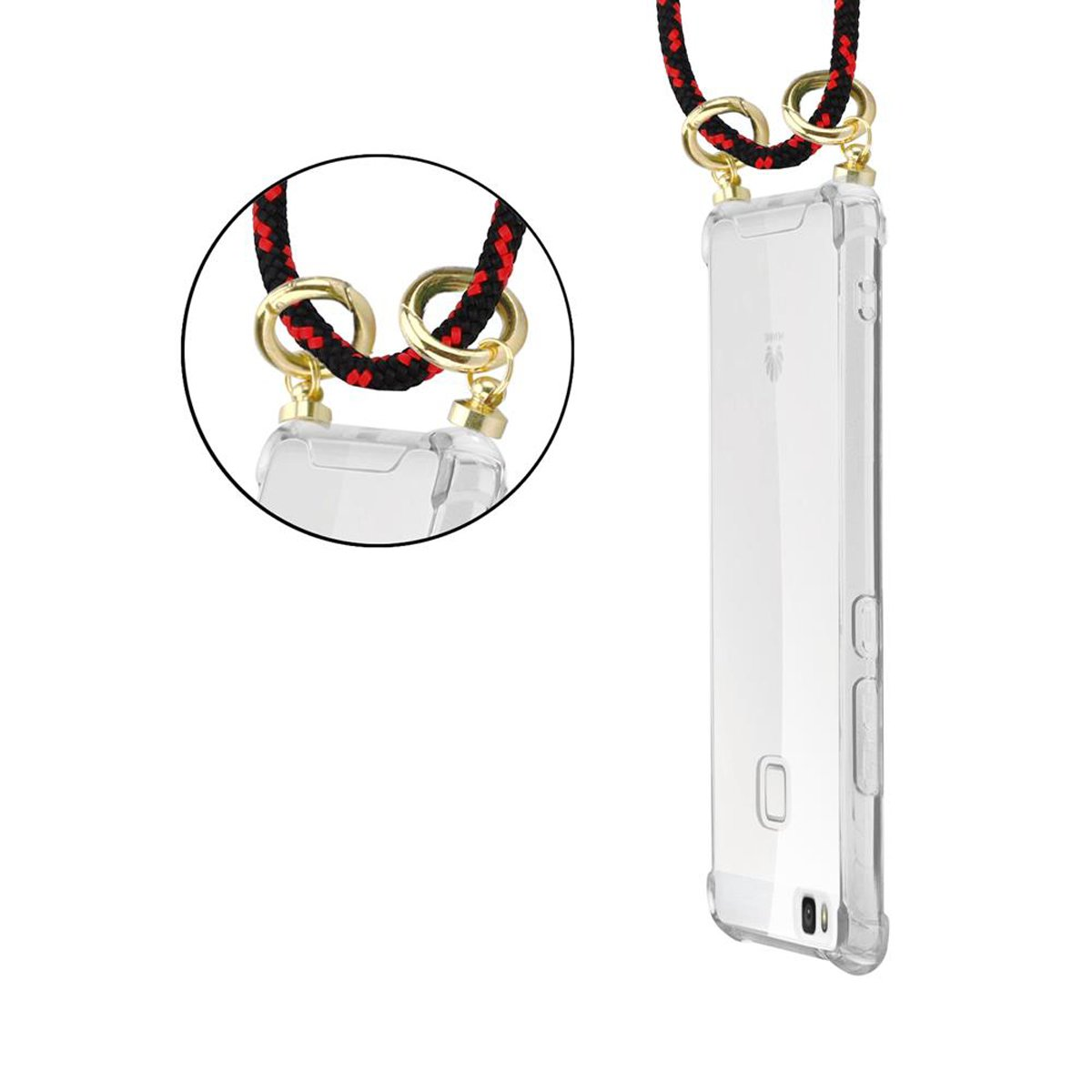 Téléphone avec cordon rouge/noir, le dos du téléphone est visible.