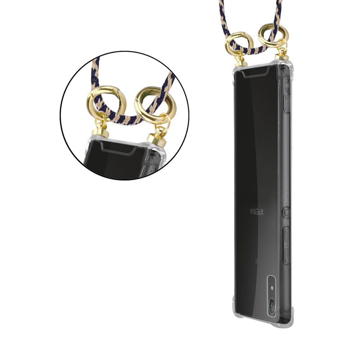 Ein Telefon in einer durchsichtigen Hülle mit einem Lanyard. Die Rückseite des Telefons ist sichtbar, mit dem XPERIA-Logo.