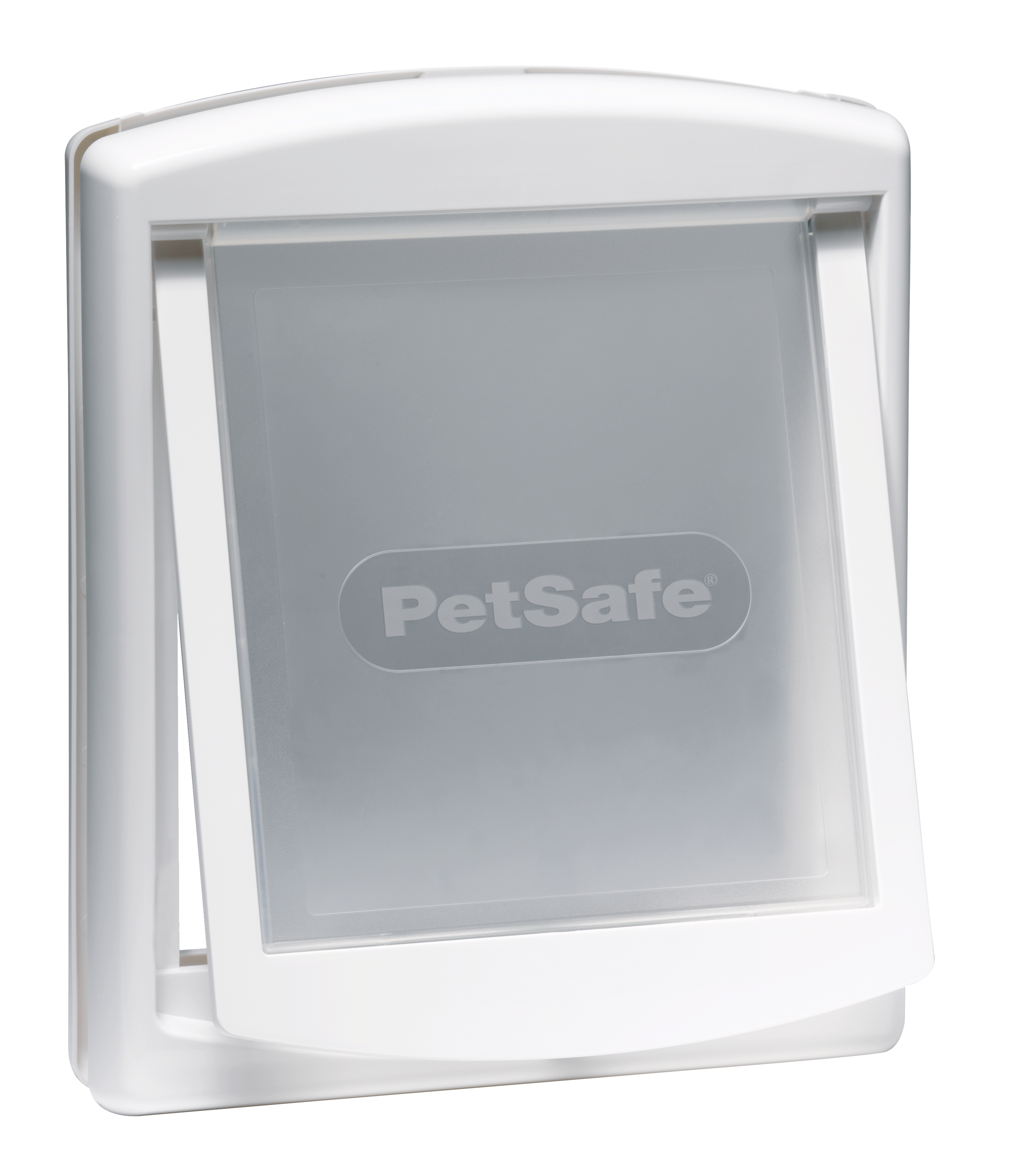 Weiße Haustiertür mit durchsichtiger Klappe. PetSafe-Logo sichtbar. Isoliert auf schwarzem Hintergrund.