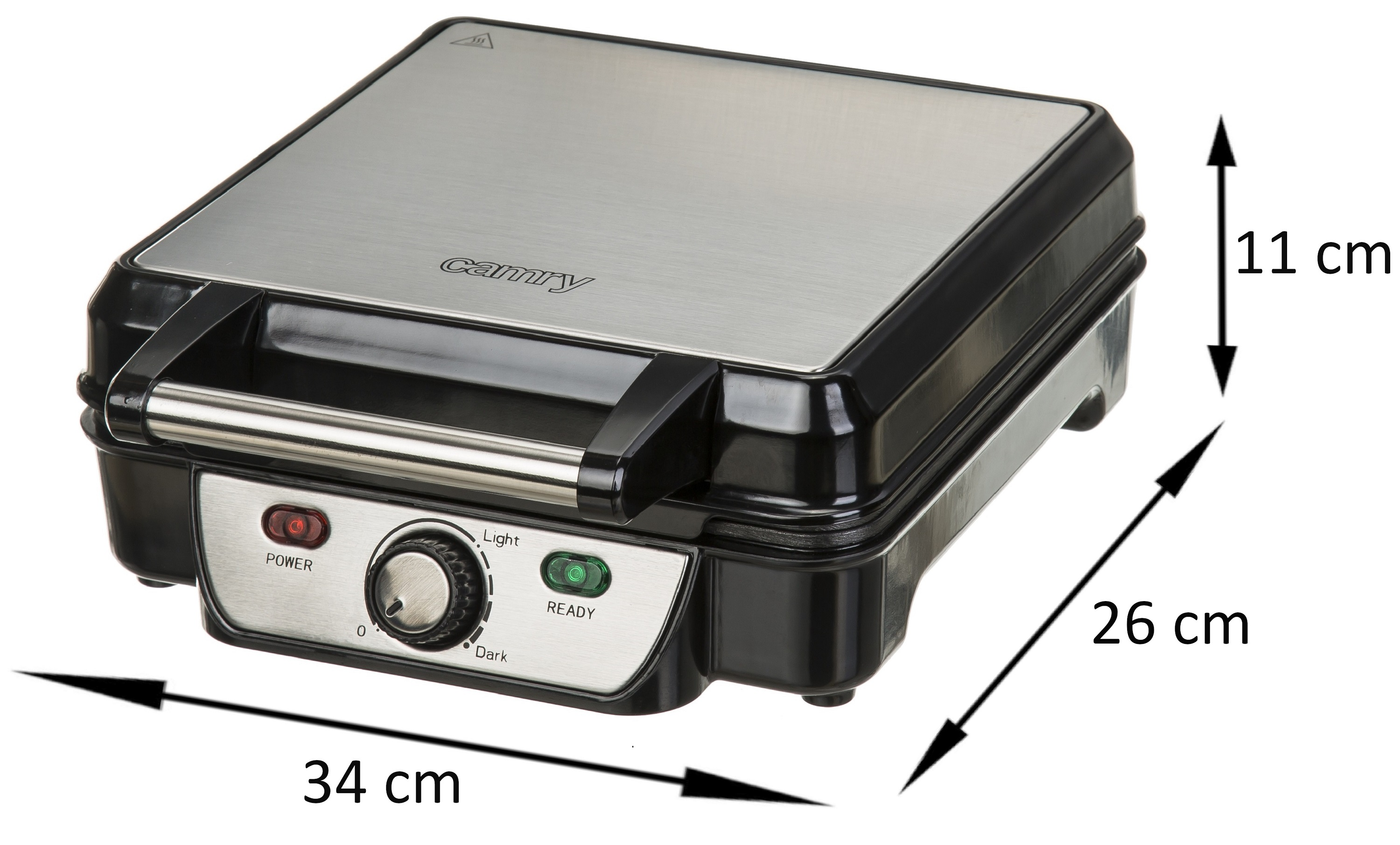 Gofrownica o wymiarach: 34 cm długości, 26 cm szerokości i 11 cm wysokości. Posiada kontrolki zasilania i gotowości.