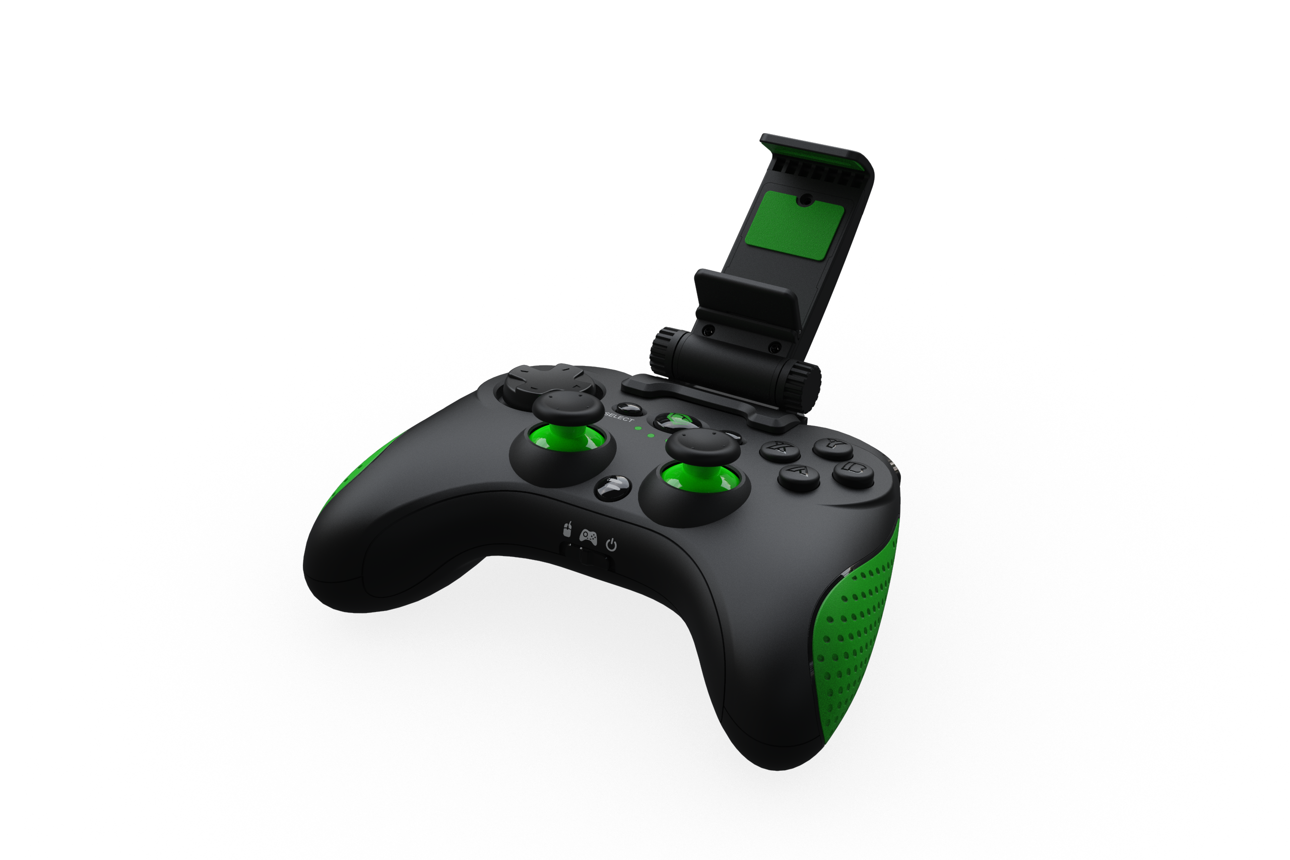 Ein schwarz-grüner Gamecontroller mit Telefonhalterung. Der Controller hat Tasten und Joysticks.