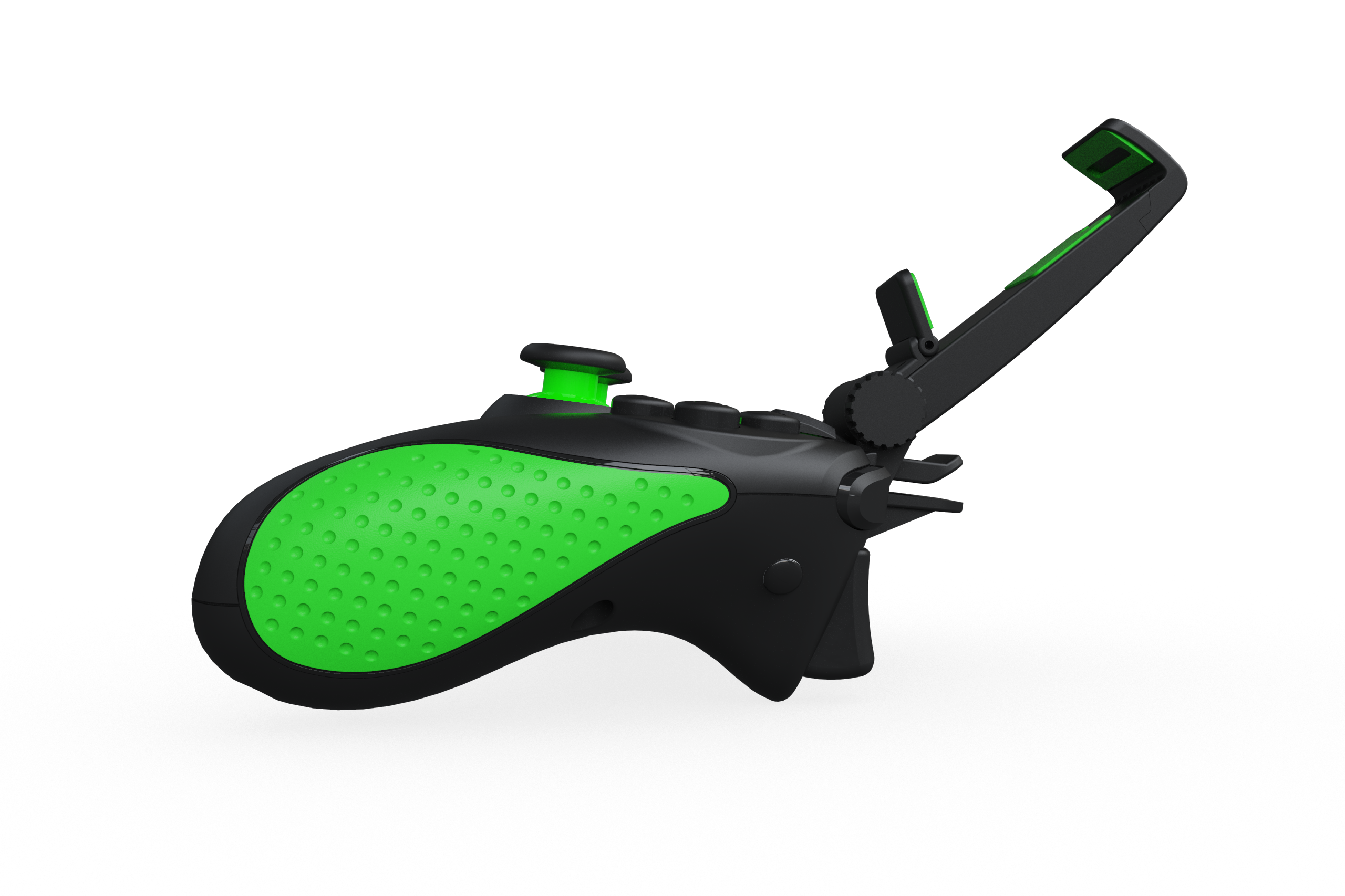 Ein schwarz-grüner Gamecontroller mit Telefonhalter auf schwarzem Hintergrund.