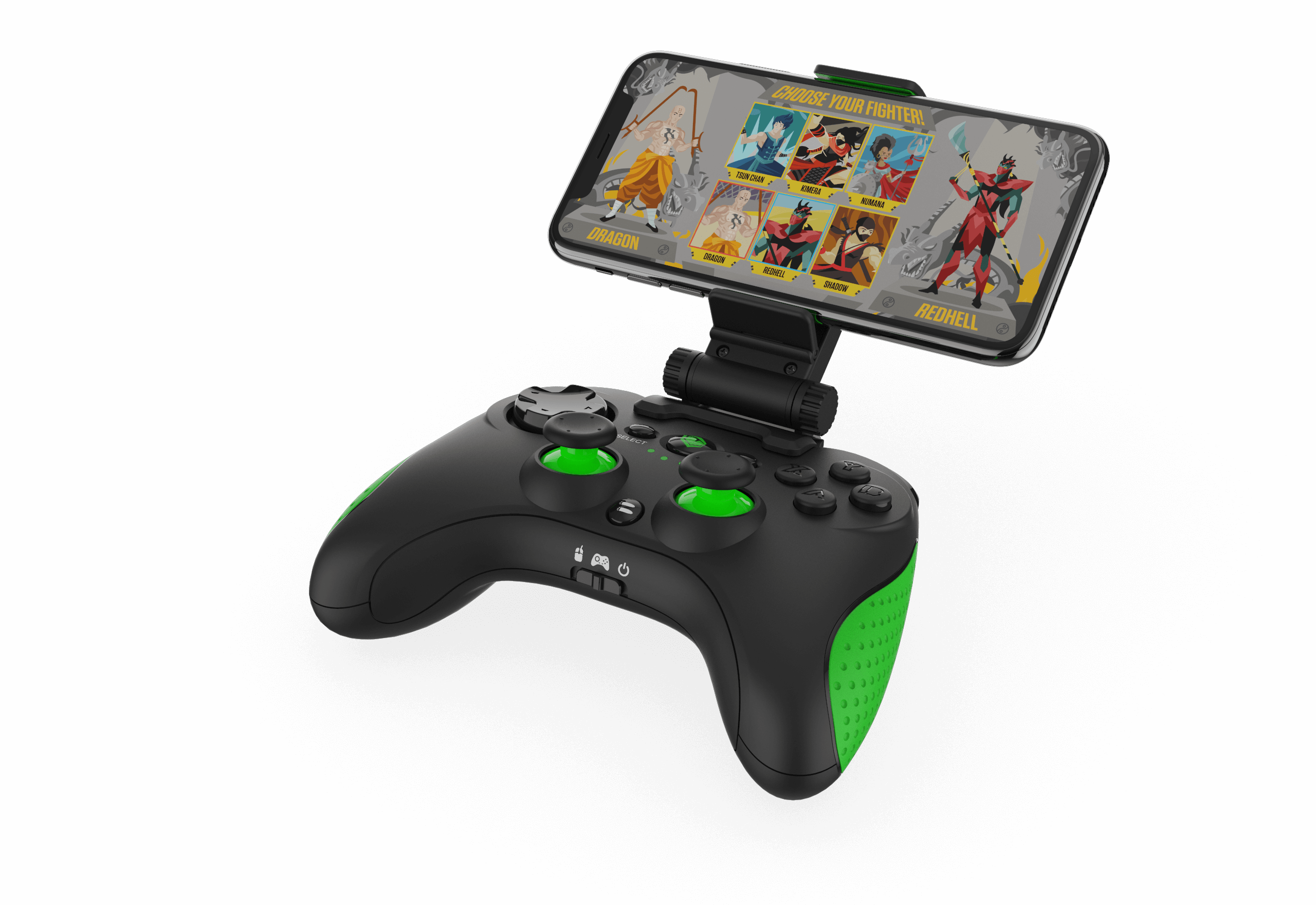 Ein schwarz-grüner Gaming-Controller, der ein Telefon mit einer Spieloberfläche hält. Der Hintergrund ist schwarz.
