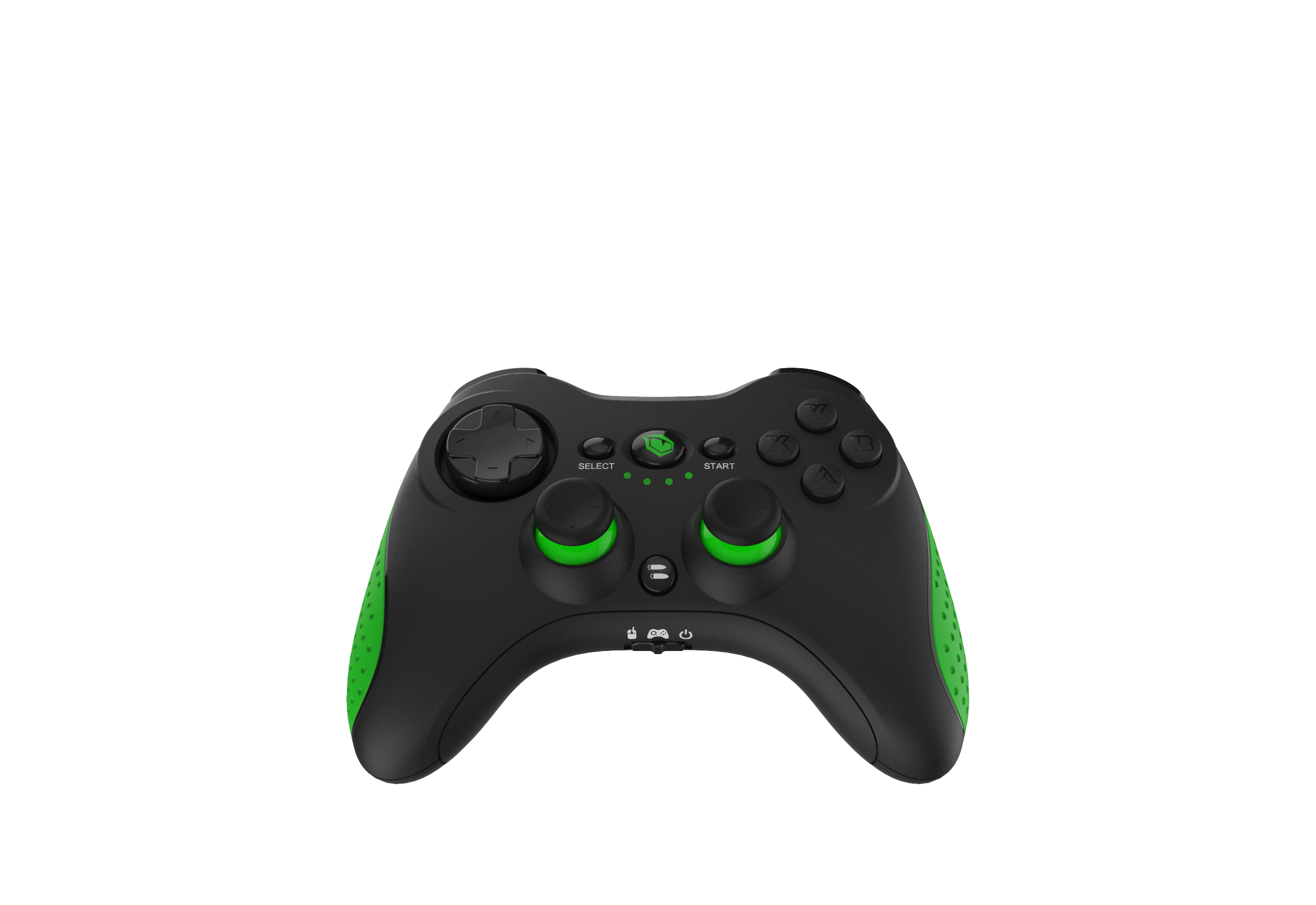 Schwarz-grüner Gamecontroller auf schwarzem Hintergrund. Tasten und Joysticks sind sichtbar.