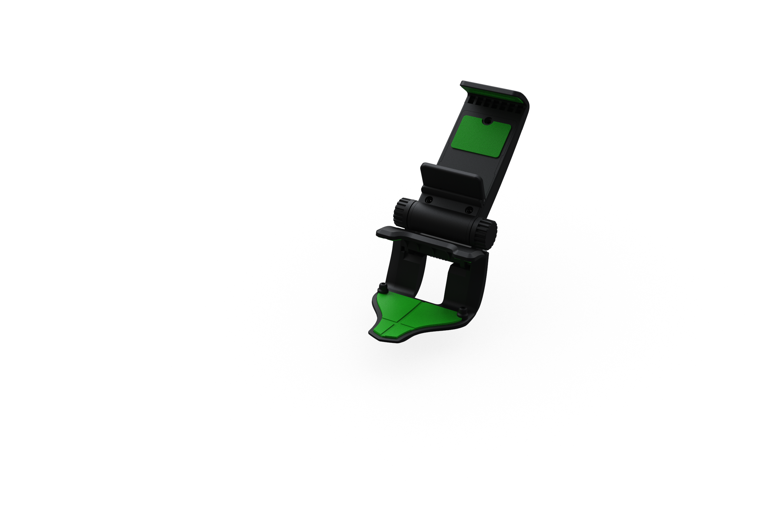 Schwarzer und grüner Telefonhalter, mit schwarzem Hintergrund, Produktaufnahme.