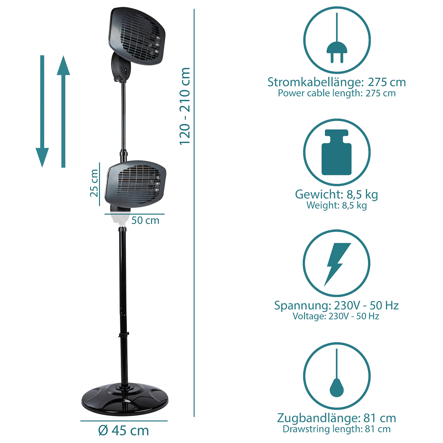 SLABO Stand-Heizstrahler - Gartenheizung verstellbarer für 120 cm Balkonheizer, mit ca. Elektrischer Ø cm Höhe Schwarz Wärmestrahler Außenbereich 210 Innen- Heizstufen 45 und 3 mit