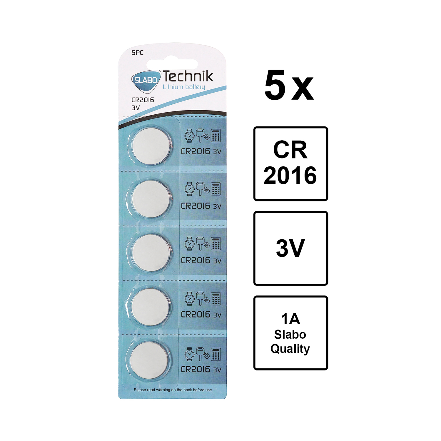 Fünf CR2016 Batterien in einer Blisterpackung. Text: 5x CR2016 3V, 1A Qualität. Weiße und blaue Verpackung.