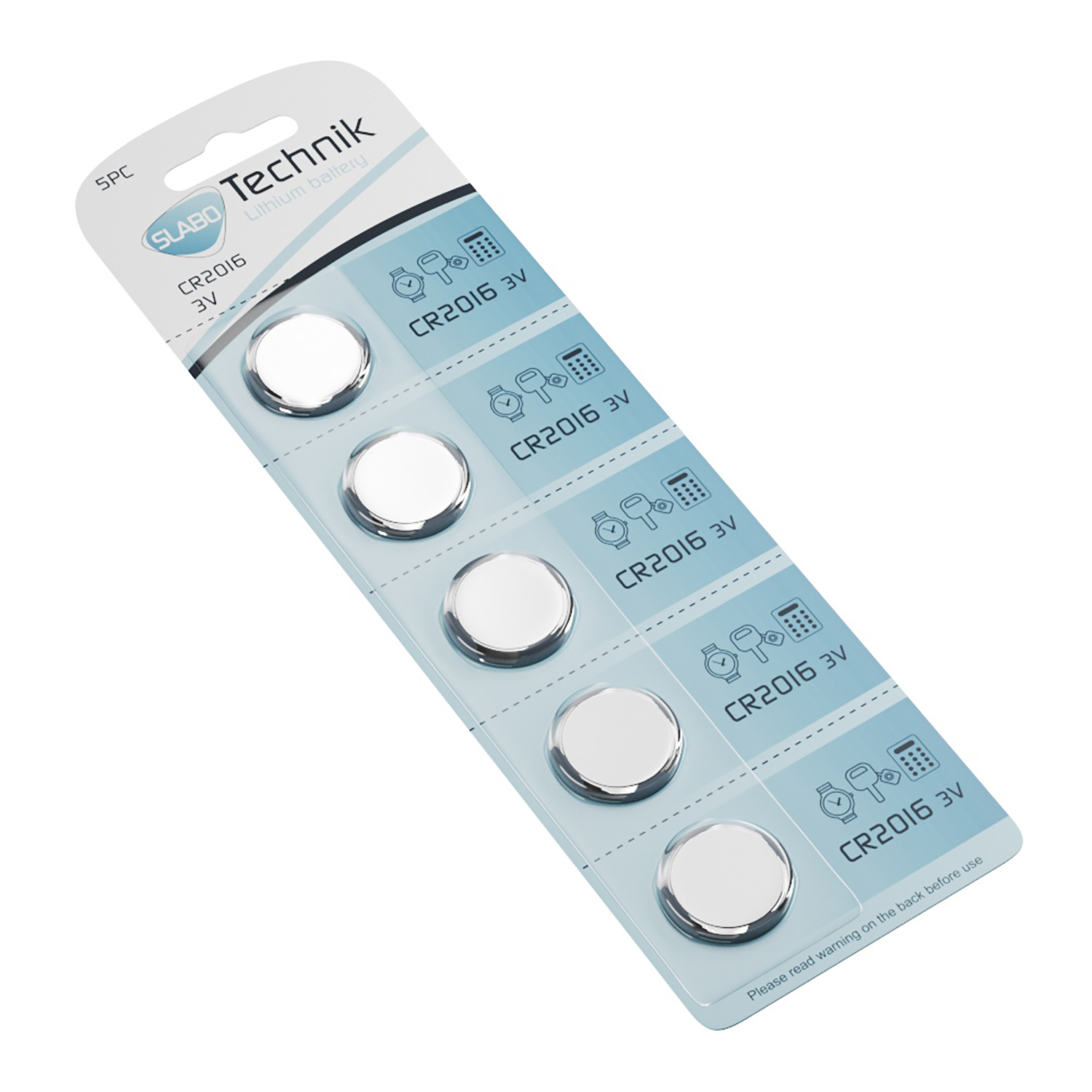 Blisterpackung mit fünf CR2016 3V Batterien, mit einem Taschenrechnersymbol auf der Verpackung.