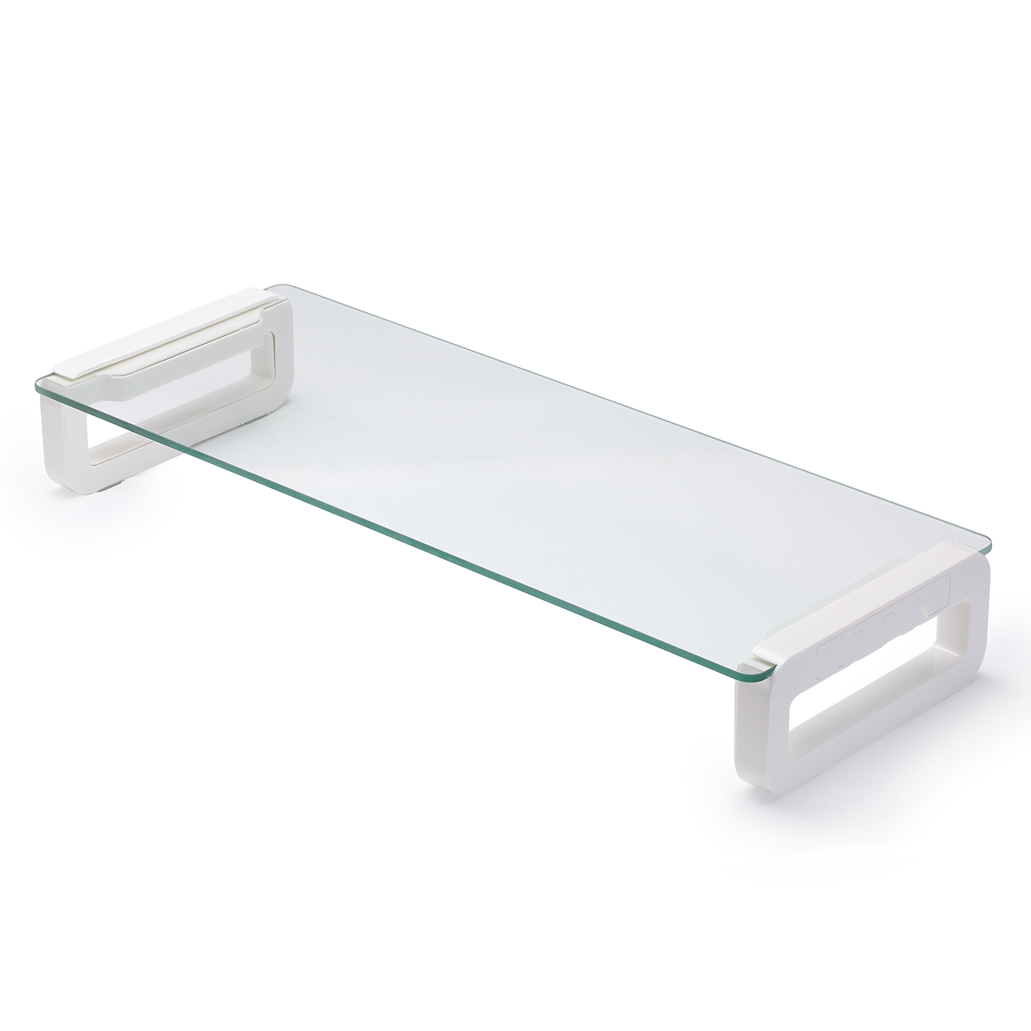 Ein durchsichtiger Computer-Monitorständer aus Glas. Der Ständer ist rechteckig mit weißen Stützen an beiden Enden.