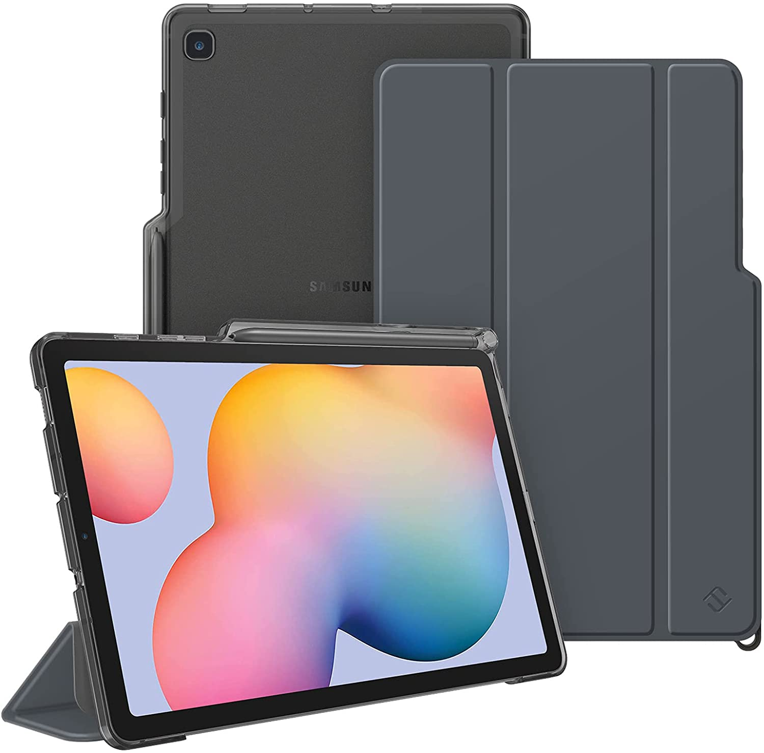 Drei Tablet-Geräte in Hüllen. Ein Tablet befindet sich in einer Hülle mit Ständer. Alle sind grau.