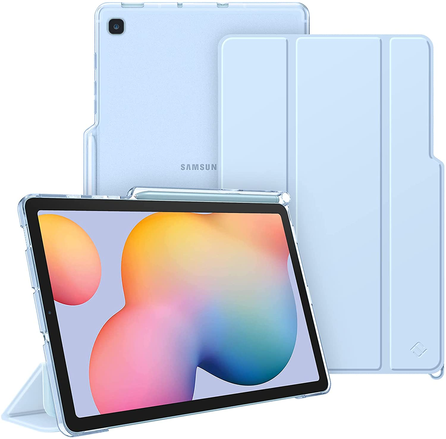Ein blaues Tablet mit Stift und blauer Hülle. Der Bildschirm des Tablets ist sichtbar.