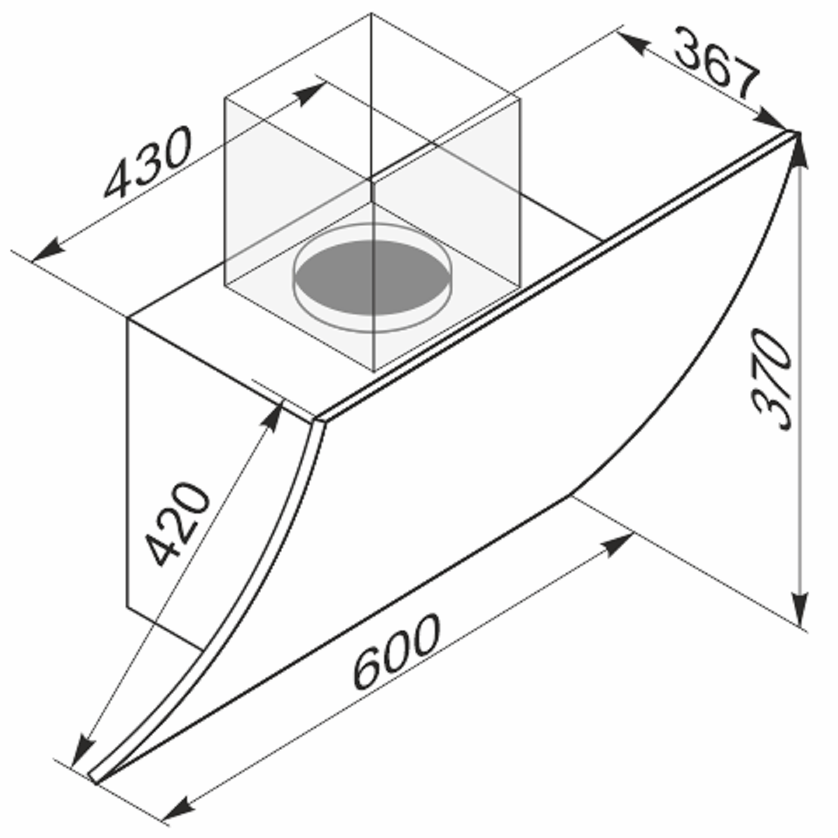 Ein Diagramm einer Küchenhaube. Es hat Messungen an der Seite. Es ist eine Zeichnung.