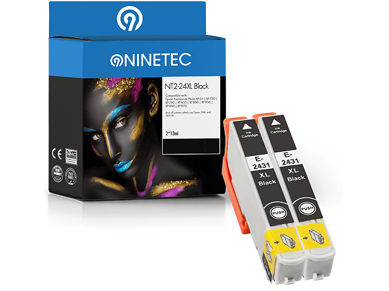 NINETEC 2er Set ersetzt Epson T2431 24XL Tintenpatronen black (C 13 T 24314010)