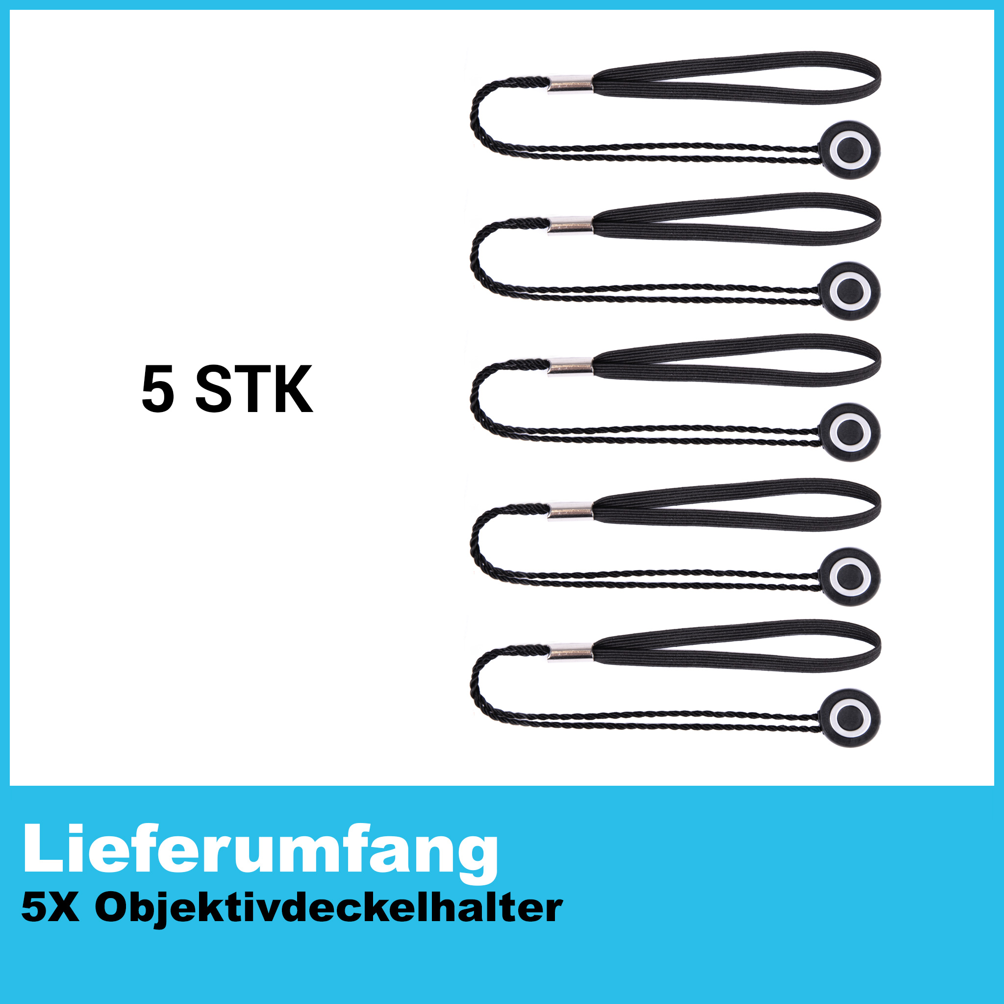 Sechs schwarze Objektivdeckelhalter auf weißer Oberfläche. Text lautet „5 STK“ und „Lieferumfang“.