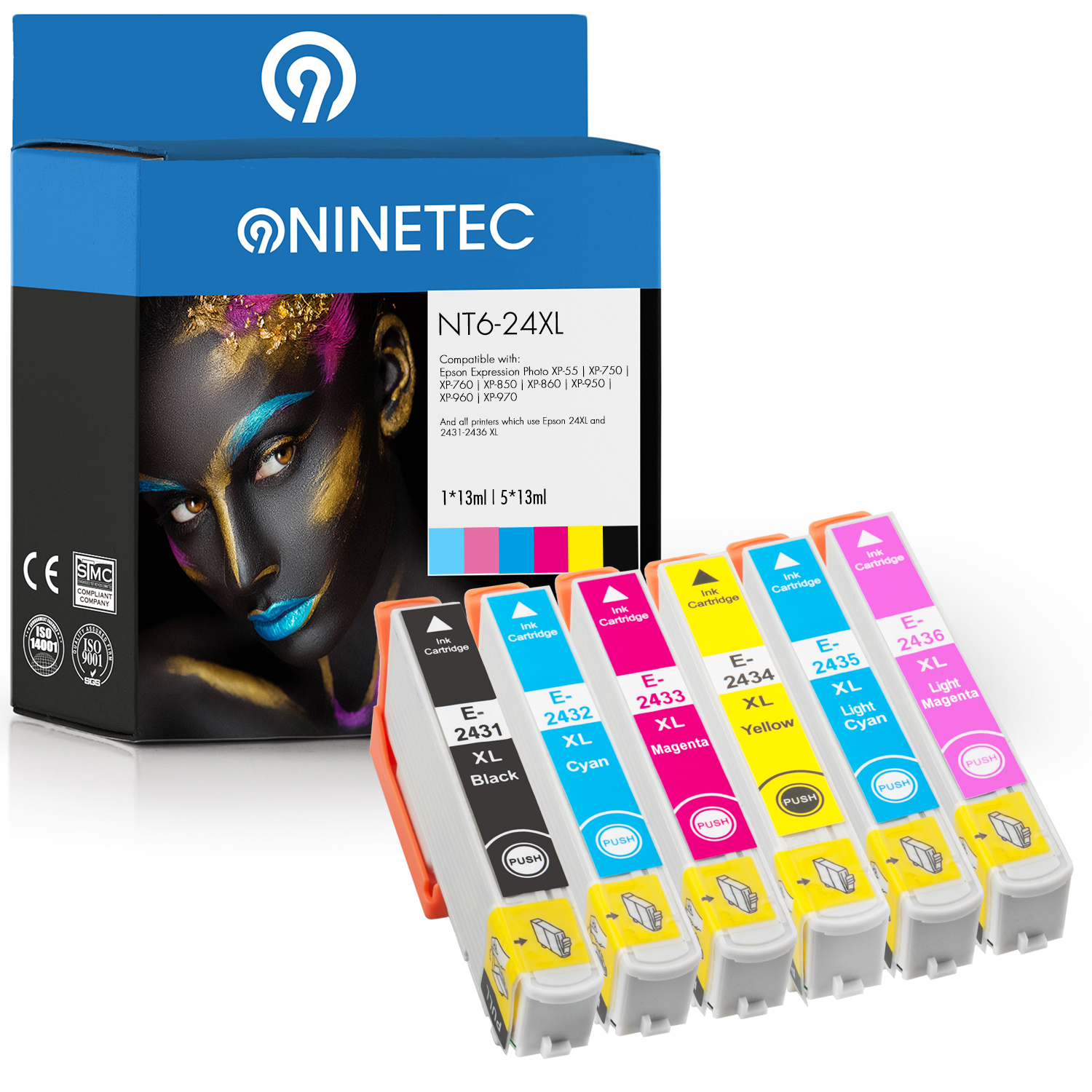 NINETEC 6er Set ersetzt lightcyan, 13 lightmagenta T2431-T2434 yellow, Epson black, 24XL magenta, cyan, (C Tintenpatronen 24384010) T