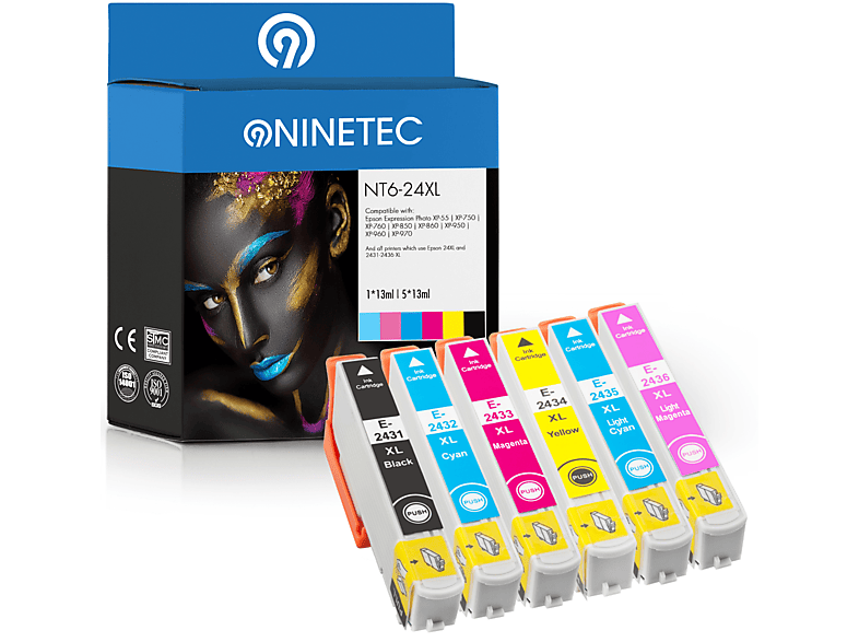 NINETEC 6er Set ersetzt Epson T2431-T2434 24XL Tintenpatronen black, cyan, magenta, yellow, lightcyan, lightmagenta (C 13 T 24384010)