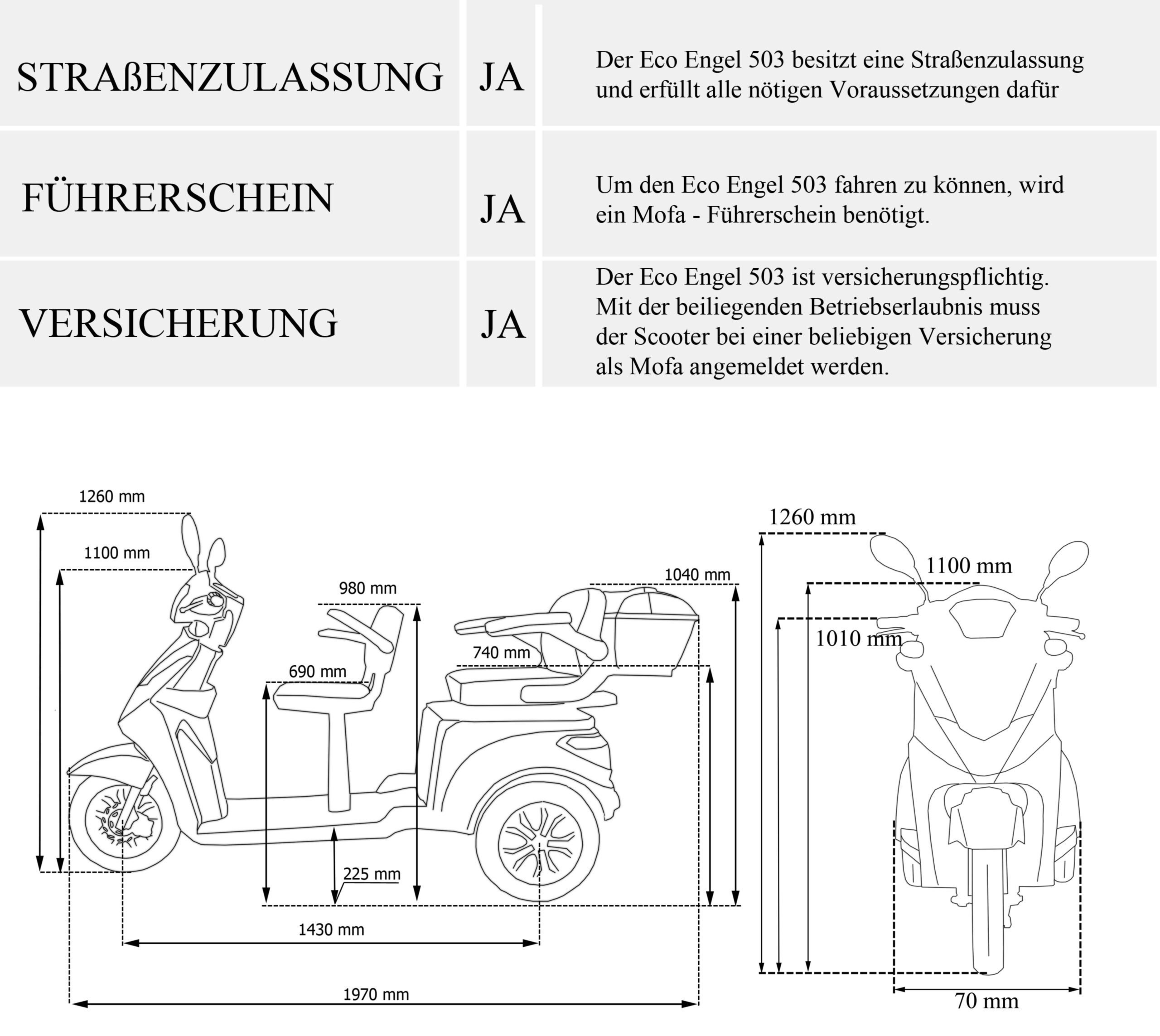 Diagramm eines dreirädrigen Mobilitätsrollers mit Abmessungen und Text über das Fahren. Weißer Hintergrund.