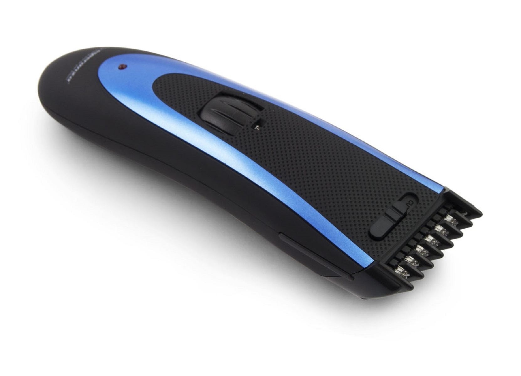 Schwarz-blauer Trimmer mit einstellbaren Einstellungen und weißem Hintergrund.