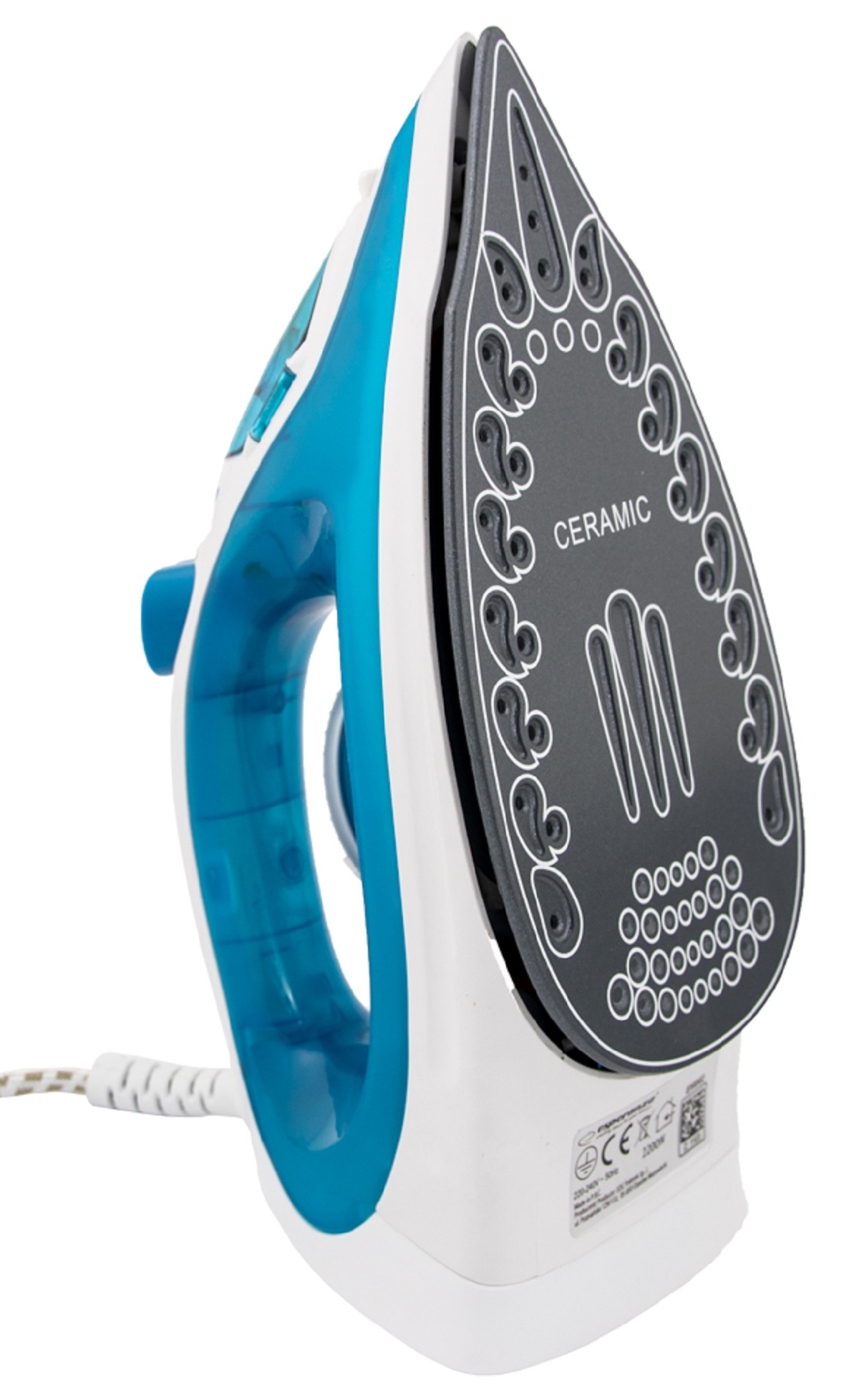 Niebiesko-biae elazko z ceramiczn powierzch-ni na biaym tle.