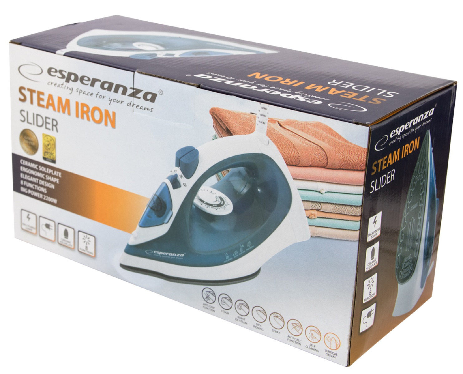 Pudełko Esperanza Żelazko Parowe Slider z obrazkiem żelazka, ułożonymi ubraniami, ikonami.