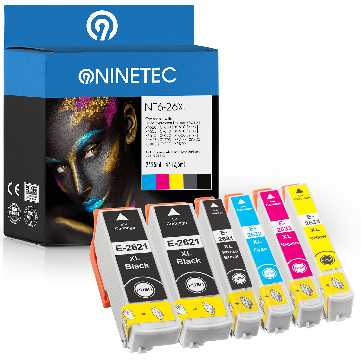 NINETEC 6er Set ersetzt Epson Tintenpatronen T2621-T2634 (C cyan, yellow magenta, black, photoblack, 26XL 13 T 26364510)