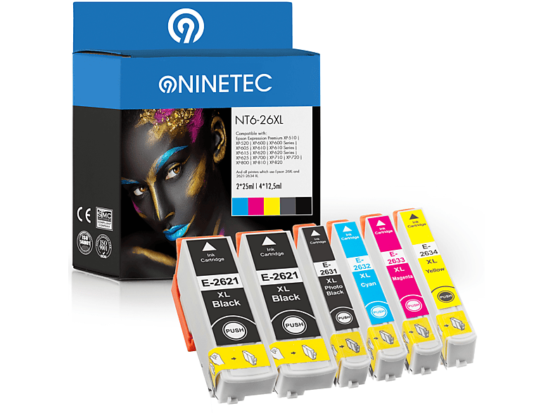 NINETEC 6er Set cyan, T2621-T2634 13 magenta, ersetzt 26XL (C 26364510) Epson black, photoblack, T Tintenpatronen yellow