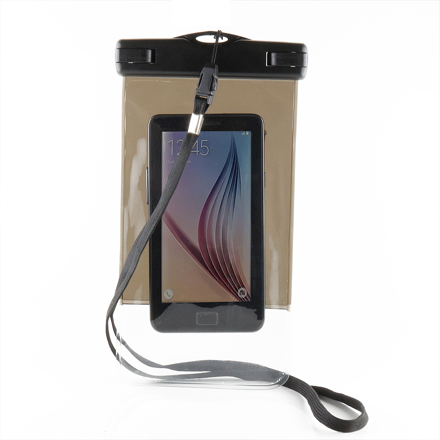 Eine wasserdichte Handytasche mit einem Telefon darin. Der Bildschirm zeigt 12:45. Weißer Hintergrund.