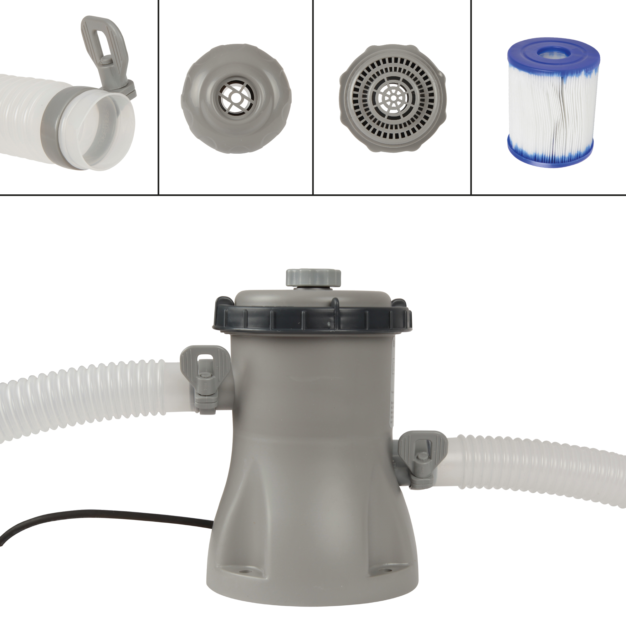 Poolfilterkomponenten: Schlauch, Oberteil, Filter und Pumpe. Graue Pumpe mit weißen Schläuchen.