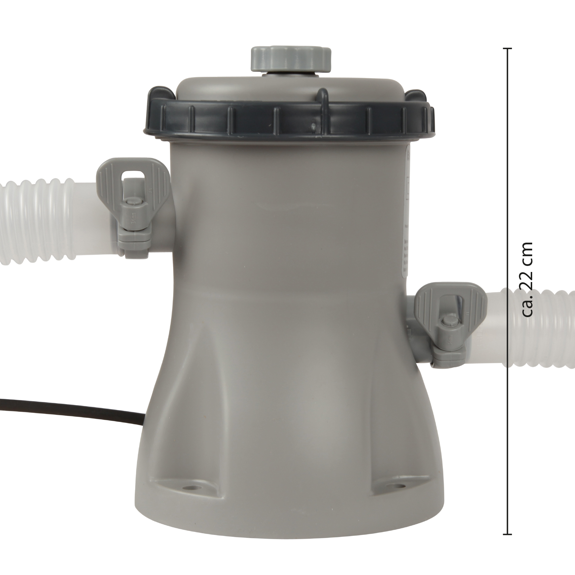 Grauer Kunststoff-Poolfilter mit zwei weißen Schläuchen und einem schwarzen Netzkabel. Der Filter ist ca. 22 cm hoch.