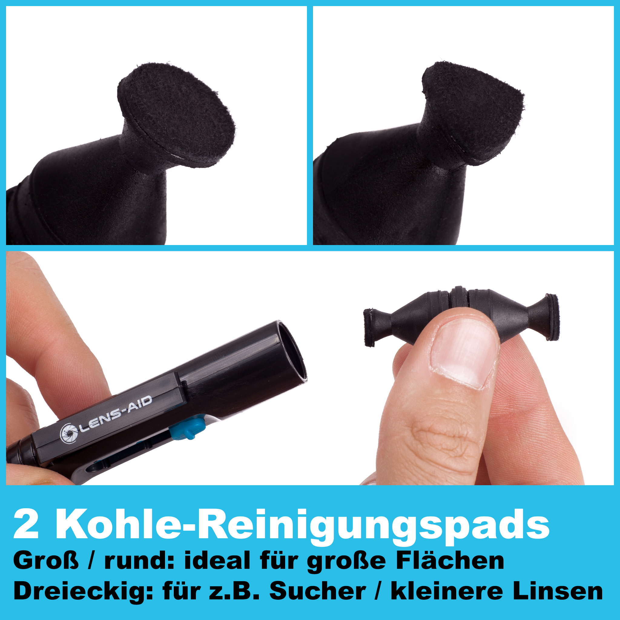 Zwei Objektivreinigungspads, eines rund und eines dreieckig, und ein Objektivreinigerstift.
