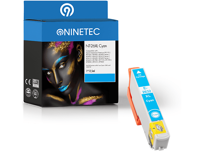 NINETEC 1 Patrone ersetzt Epson T2632 26XL Tintenpatrone cyan (C 13 T 26324010)