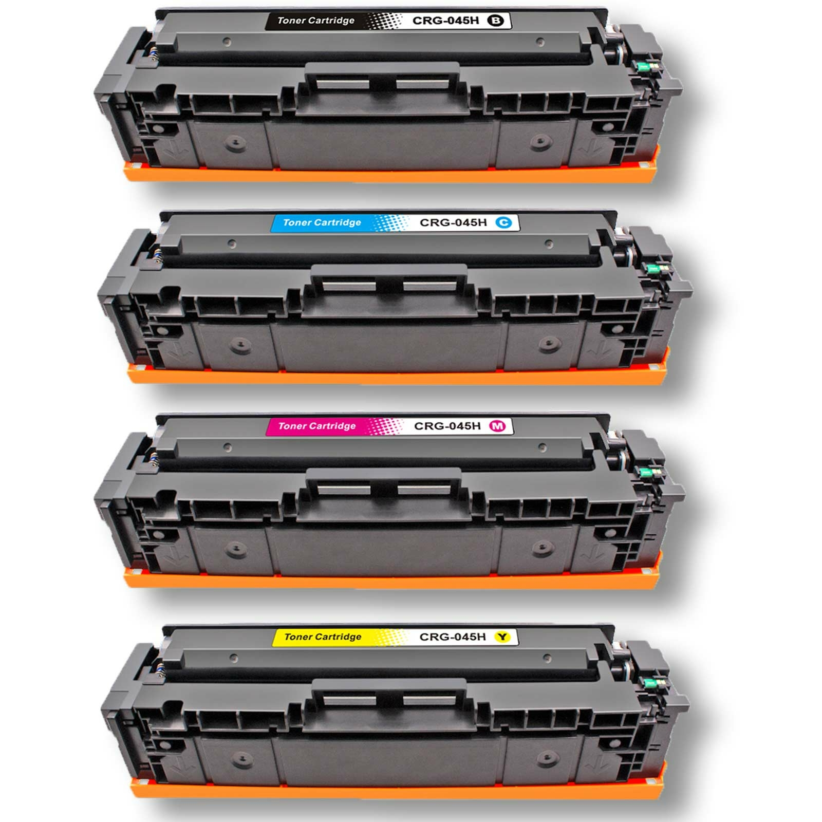Vier Druckertoner-Patronen in Schwarz, Cyan, Magenta und Gelb auf orangefarbener Basis.