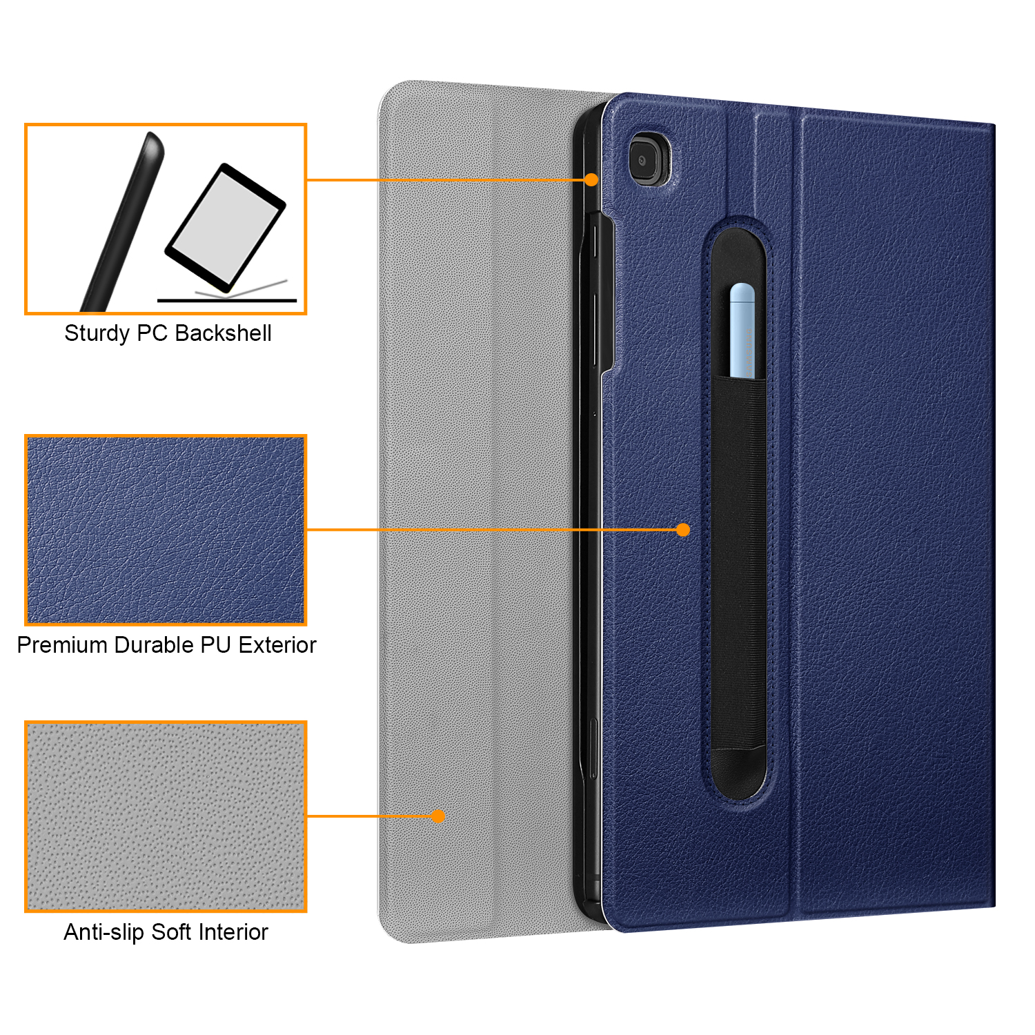 Blaue Tablet-Hülle mit Stifthalter. Die Hülle hat eine stabile Rückschale.