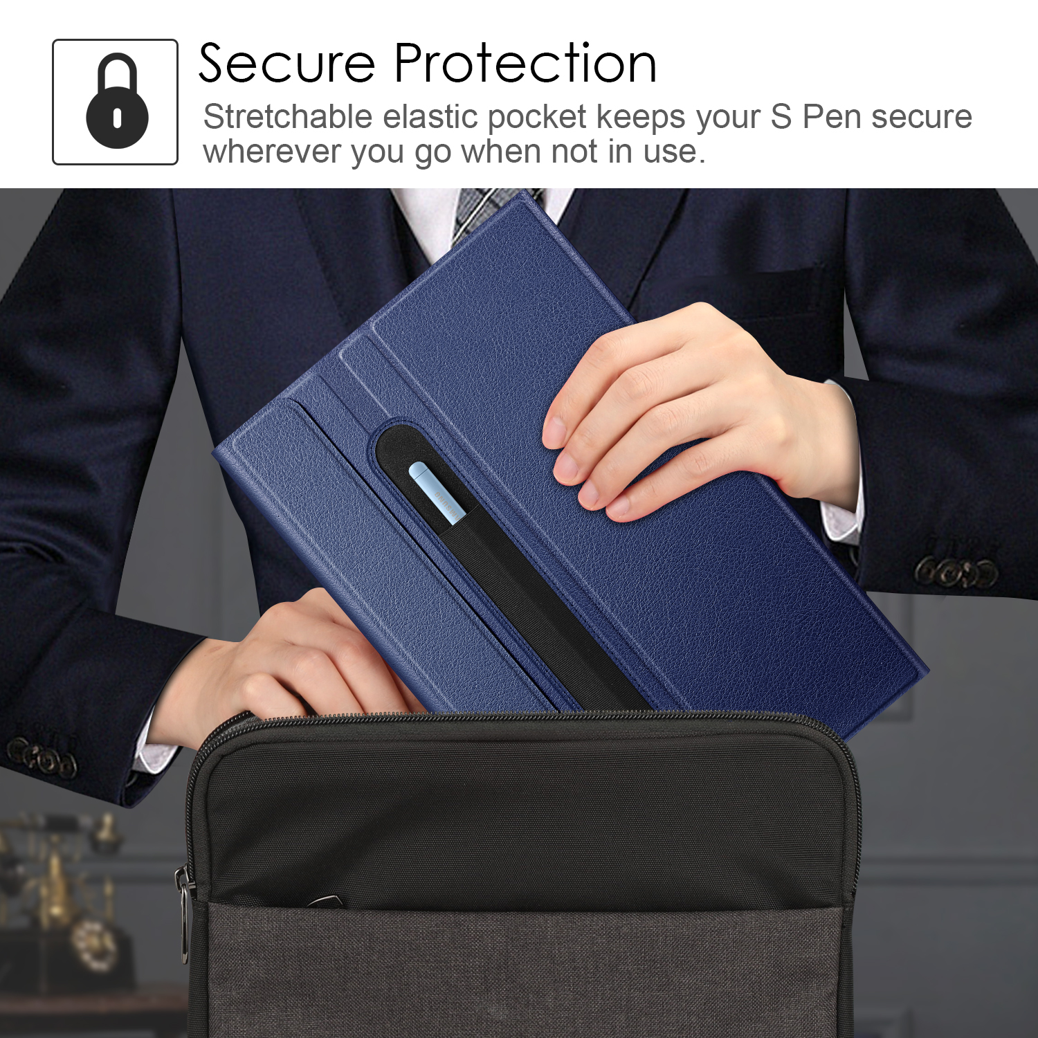 Person hält blaues Tablet in schwarzer Tasche, sicherer Schutz.